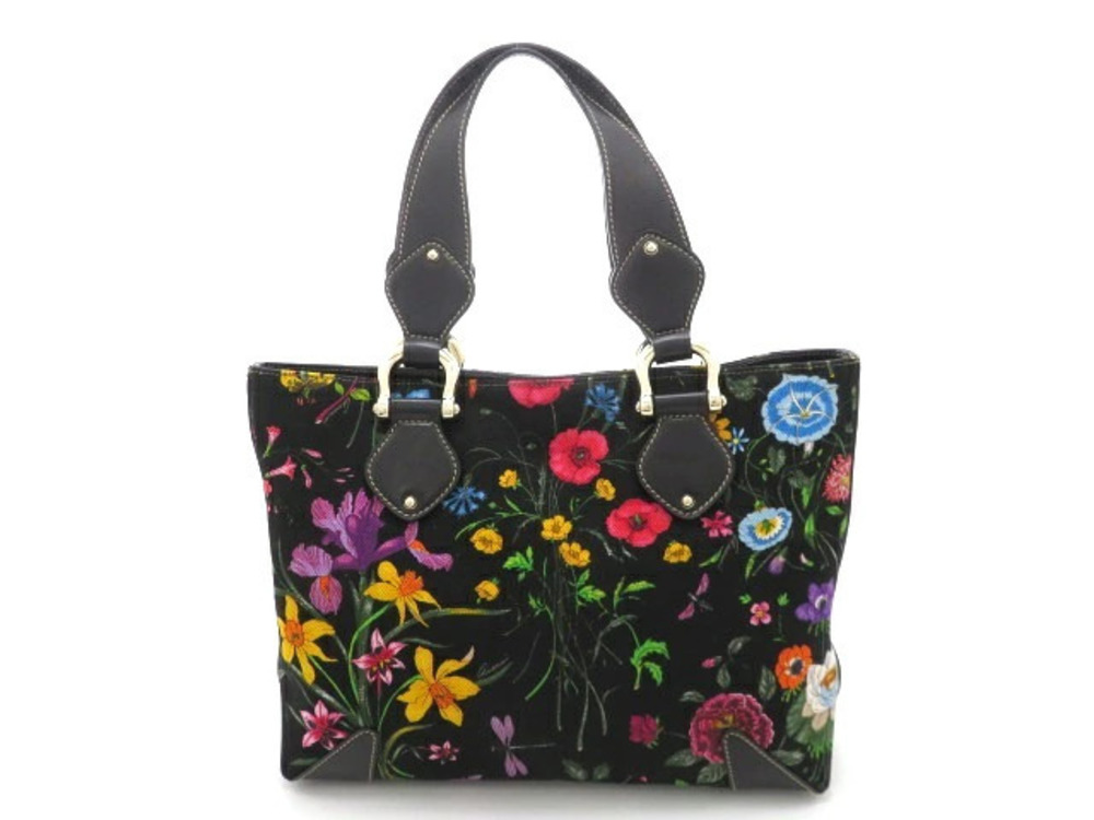 Gucci floral tote bag handbag canvas leather black